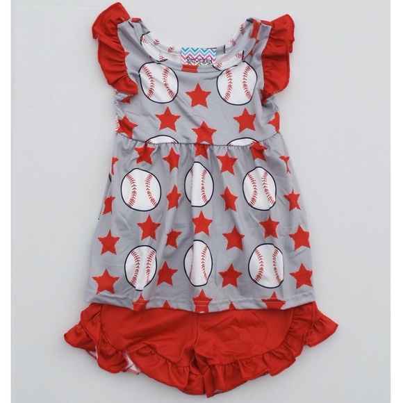 ⚾️ Girl’s Baseball Star Shorts Set Gray Red 1220 - Picture 5 of 5